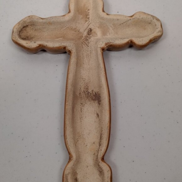 Ceramic Holy Cross Brown Blue Ornate Christian Religious Jesus Easter Hanging - Picture 11 of 12